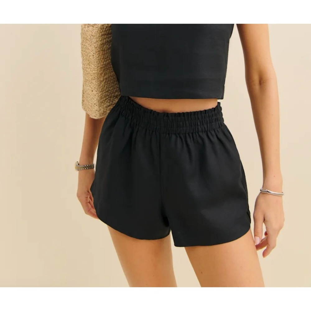 Reformation Linen Shorts Small Black Smocked High Waist Casual Summer